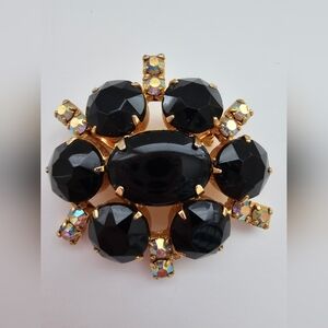 Large Black Rhinestone Aurora Borealis Gold Tone Metal Pin Brooch